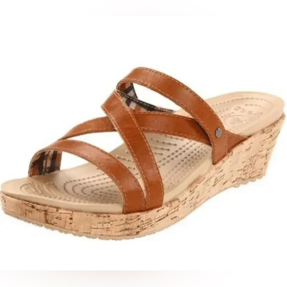 Crocs A-Leigh Wedge Sandals Strappy Brown Leather Slip On Comfort Open Toe Sz 9 - Picture 1 of 11